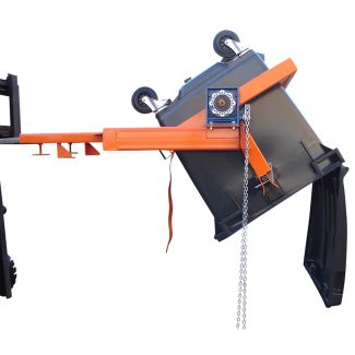 Forklift with industrial wheelie bin tipper attachment tilting large black bin, designed for safe waste handling and emptying.