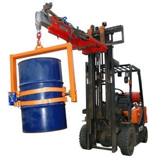 Forklift with crane drum tilter securely lifting a 210L blue steel drum using heavy-duty orange ratchet straps for safe transport.