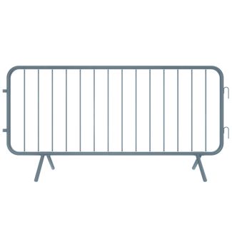 Front view of a grey powder-coated steel crowd control barrier with fixed legs, featuring vertical infill bars and interlocking hooks on one side.