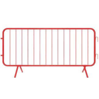 A front-facing image of a red metal crowd barrier with vertical bars and fixed angled legs, designed for temporary pedestrian or traffic control.