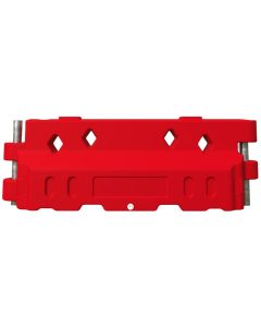 Front view of Defender50 water-filled crash barrier in bright red, featuring integrated pin locking system and diamond cutouts.