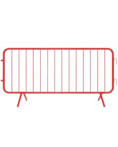 A front-facing image of a red metal crowd barrier with vertical bars and fixed angled legs, designed for temporary pedestrian or traffic control.