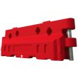 Side view of Defender50 red crash-tested water-filled barrier with interlocking pin system for secure connection.