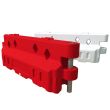 Close-up product rendering of red and white Defender50 water-filled barriers with interlocking pin and slot design for secure barrier connection.