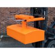 Heavy-duty orange skip compactor forklift attachment securely mounted, used for compressing industrial waste inside skips and bins.