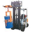 Forklift with crane drum tilter and adjustable hook attachment lifting blue steel drum securely for safe handling and transport.