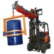 Forklift with crane drum tilter securely lifting a 210L blue steel drum using heavy-duty orange ratchet straps for safe transport.