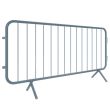 Angled side view of a grey powder-coated fixed-leg crowd barrier, showing tubular steel construction and upright bars.