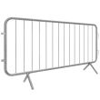 Angled side view of a galvanised fixed-leg crowd barrier, showing tubular steel construction and upright bars.
