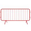 A front-facing image of a red metal crowd barrier with vertical bars and fixed angled legs, designed for temporary pedestrian or traffic control.
