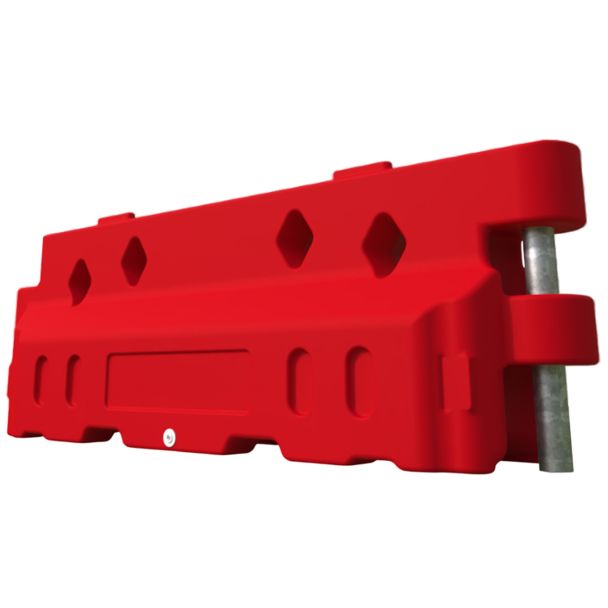 Side view of Defender50 red crash-tested water-filled barrier with interlocking pin system for secure connection.