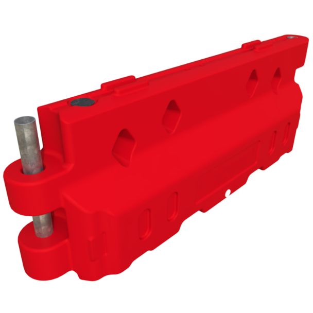 Top-down angled shot of Defender50 crash-tested water-filled barrier with durable metal pin connectors.