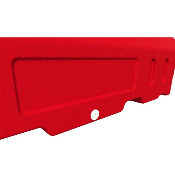 Detail view of the Defender50 red barrier's branding panel, moulded into the durable plastic housing for optional custom signage