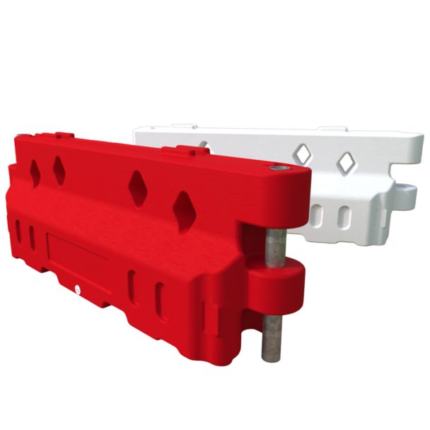 Close-up product rendering of red and white Defender50 water-filled barriers with interlocking pin and slot design for secure barrier connection.
