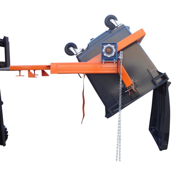 Forklift with industrial wheelie bin tipper attachment tilting large black bin, designed for safe waste handling and emptying.