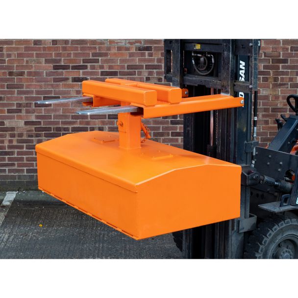 Heavy-duty orange skip compactor forklift attachment securely mounted, used for compressing industrial waste inside skips and bins.