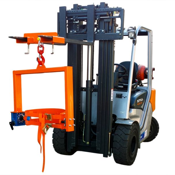 Industrial forklift attachment with adjustable hook and crane drum tilter designed for lifting, tilting, and rotating heavy drums.