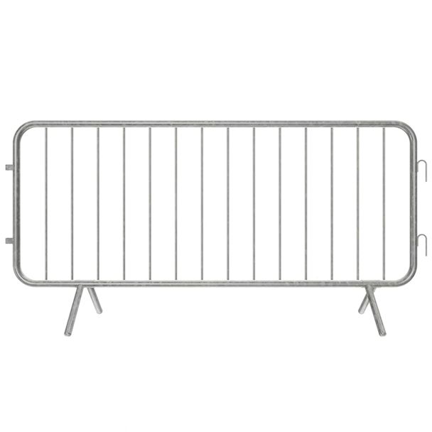 Front view of a galvanised steel crowd control barrier with fixed legs, featuring vertical infill bars and interlocking hooks on one side.