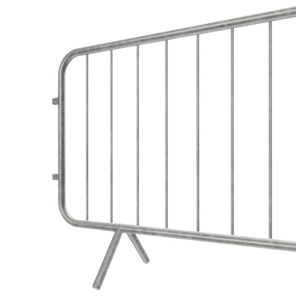 Close-up of the left side of a galvanised steel barrier, highlighting the vertical bars and angled support leg.