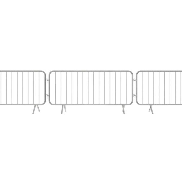 Three galvanised crowd control barriers connected together in a straight line using the interlocking hook and eye system.