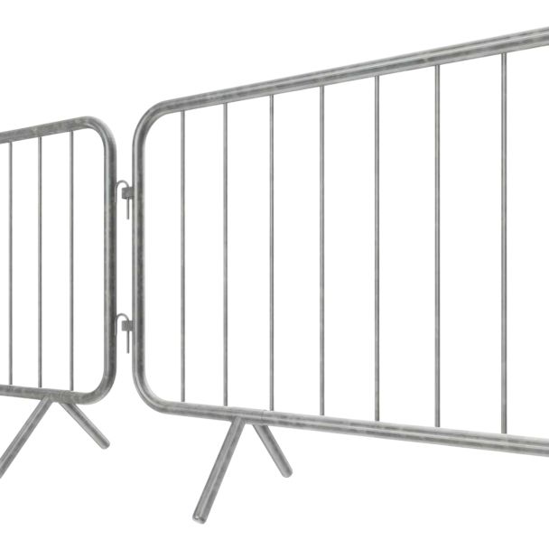 Close-up view of two galvanised barriers interlocked, focusing on the connecting mechanism and angled feet.