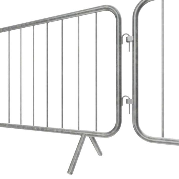 Detailed close-up of the interlocking hooks joining two galvanised crowd barriers securely.