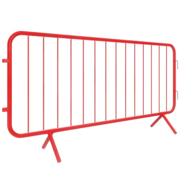 Perspective shot showing the length and structure of the red crowd barrier, highlighting its sturdy steel frame and hook connectors on the side.