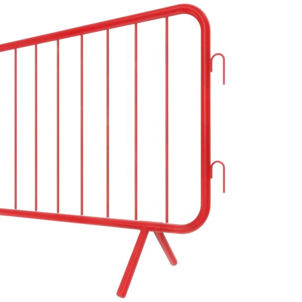 Focused image on the right end of the barrier, displaying the integrated metal hooks used to link multiple units together securely.